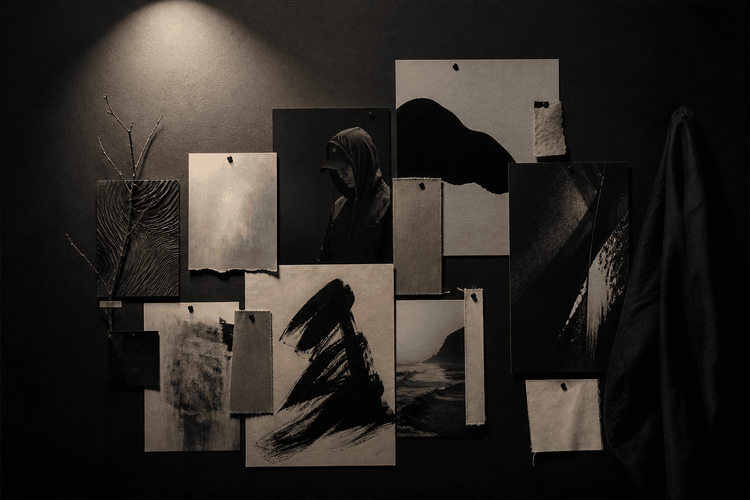 Moodboard creativo en tonos oscuros